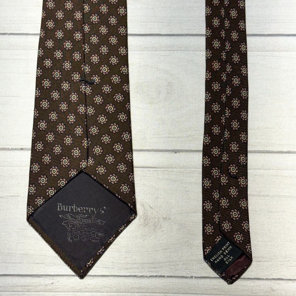 Burberry Tie Brown Floral Geometric English Print 100% Silk Necktie